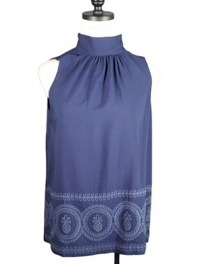 Crown & Ivy Top S Navy Embroidered Band Collar High Neck Back Bow Preppy Cottage